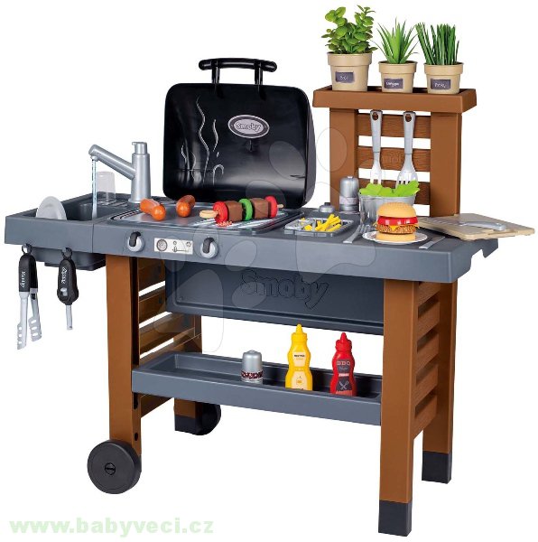 Gril dětský na zahradu s kuchyňkou Garden Kitchen Smoby výškově nastavitelný s tekoucí vodou > varianta grill tekoucí voda
