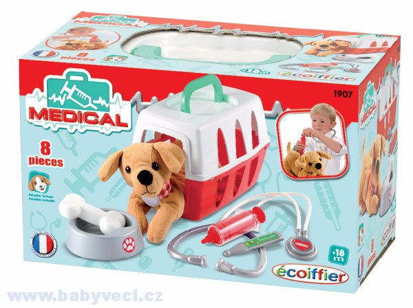 Dětský lékařský košík Écoiffier pro pejska s mističkou a lékařskými doplňky