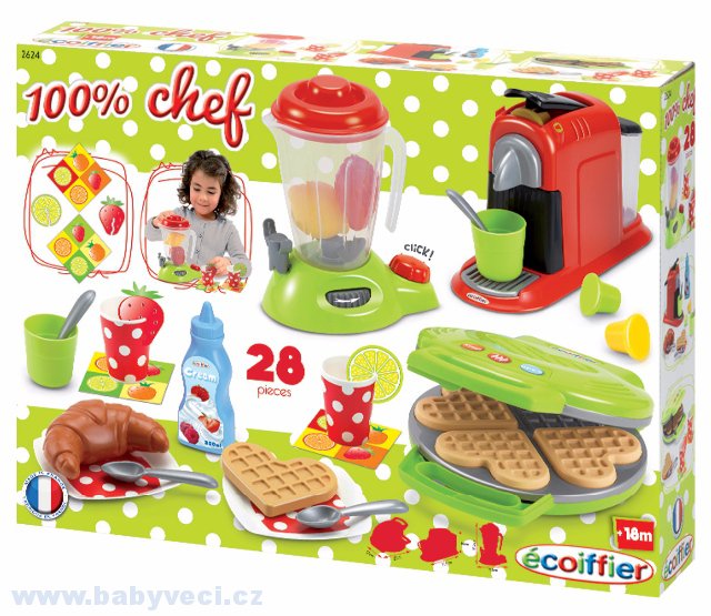 Dětský vaflovač 100% Chef Écoiffier s mixérem, kávovarem a vaflemi > varianta 3+28 doplnků