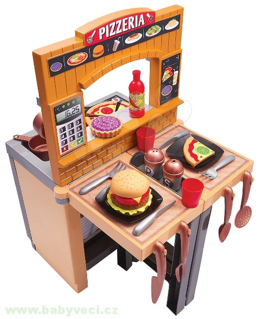 Kuchyňka s gril pizzou Pizzeria Écoiffier oboustranná se židlí > varianta pizza2v1