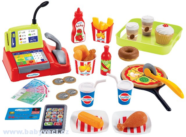 Potraviny rychlého občerstvení Fast Food Écoiffier s pokladnou a 44 doplňky