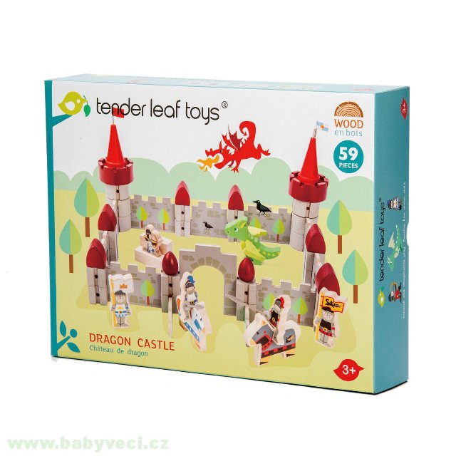 Dřevěný hrad Dragon Castle Tender Leaf Toys 59dílná sada se drakem a vojáky > varianta 59 dílů