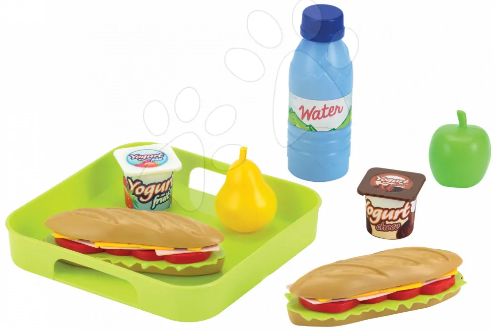 Svačina na tácku bagety, jogurt, pití