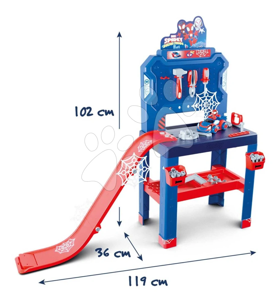 Pracovní dílna s autíčkem Spidey Bricolo Workbench Marvel Smoby se skákající rampou a nářadím 90 doplňků