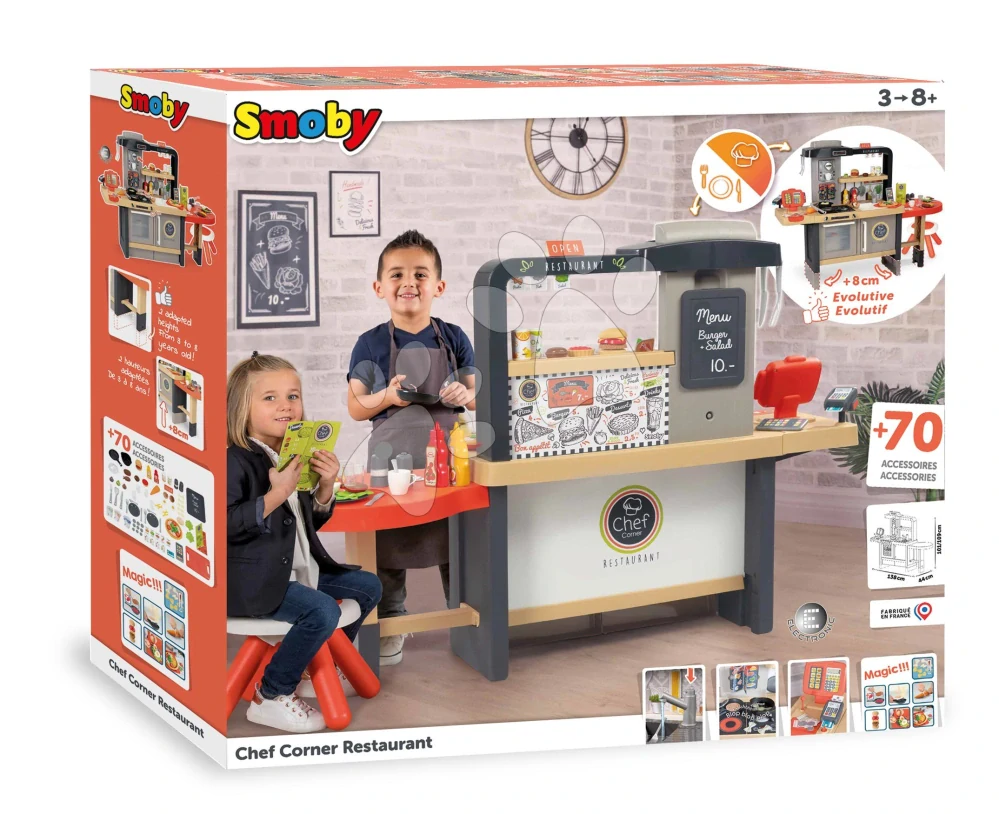 Kuchyňka rostoucí s restaurací elektronická Burger Chef Corner Smoby s tekoucí vodou a funkční spotřebiče 