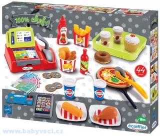 Potraviny rychlého občerstvení Fast Food Écoiffier s pokladnou a 44 doplňky