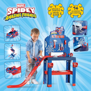 Pracovní dílna s autíčkem Spidey Bricolo Workbench Marvel Smoby se skákající rampou a nářadím 90 doplňků