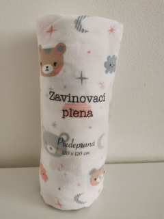 PREM Zavinovací předepraná plena s potiskem Méďa mráček Bavlna - předepraná, 120/120 cm